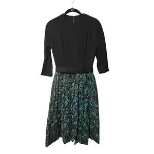 Vintage 50s Dress Silk Jacquard Velvet Burnout Wool Bodice Belted Party